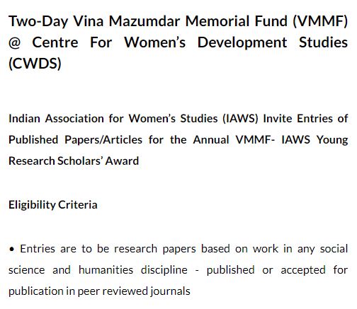 Vina Mazumdar Memorial Fund (VMMF) @ Centre